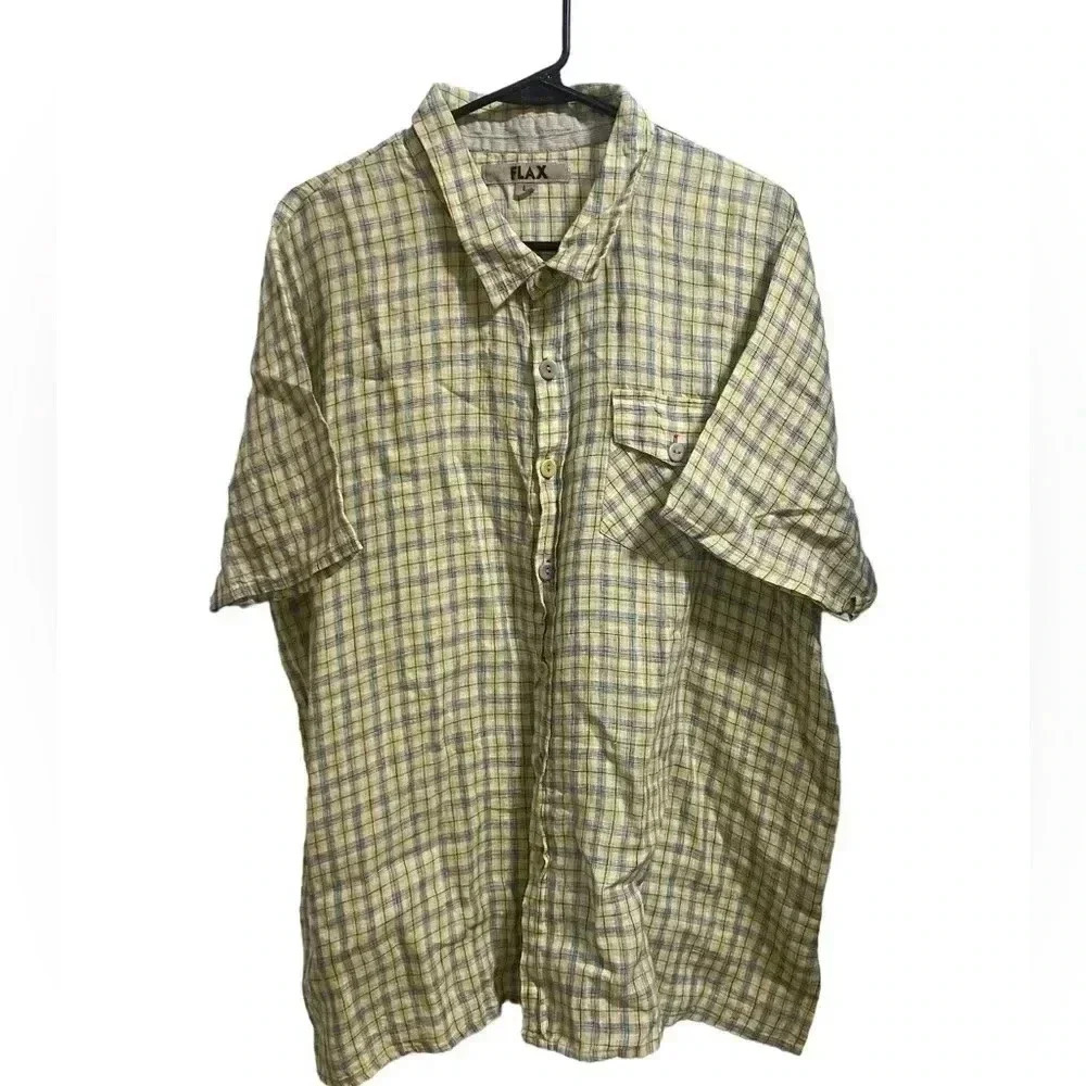 Men’s Flax Yellow Plaid Button Front Short Sleeve Shirt Size Large